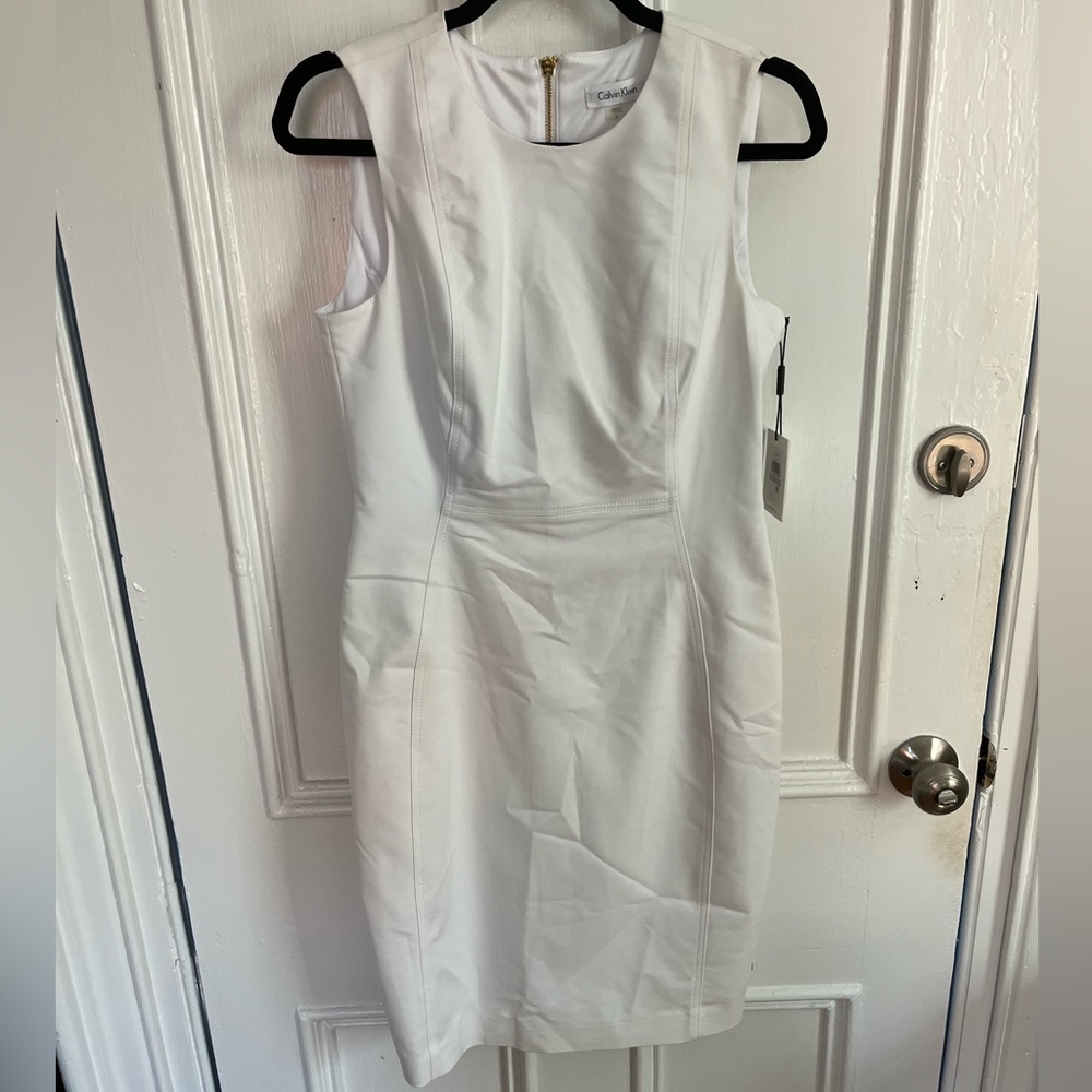NWT Calvin Klein White Cocktail Dress with Gold Zipper
